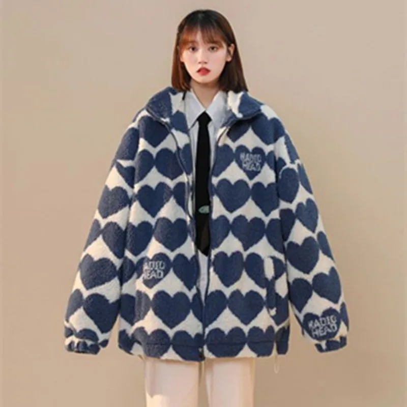 Klein Blue Пальто из Овечьей шерсти Женское Y2k American New Love, Утолщенная Куртка С Хлопковой подкладкой, Уличный Непринужденный Топ Для Корейских студентов