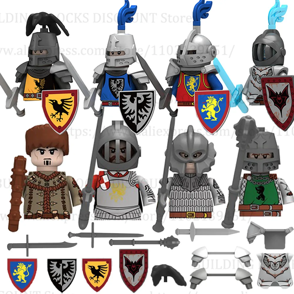 MOC Средневековый замок, Ворон, Черный Ястреб, Фигурки рыцарей, Строительные блоки, боевое оружие пехоты, щит солдата, меч, броня, Детская игрушка B143