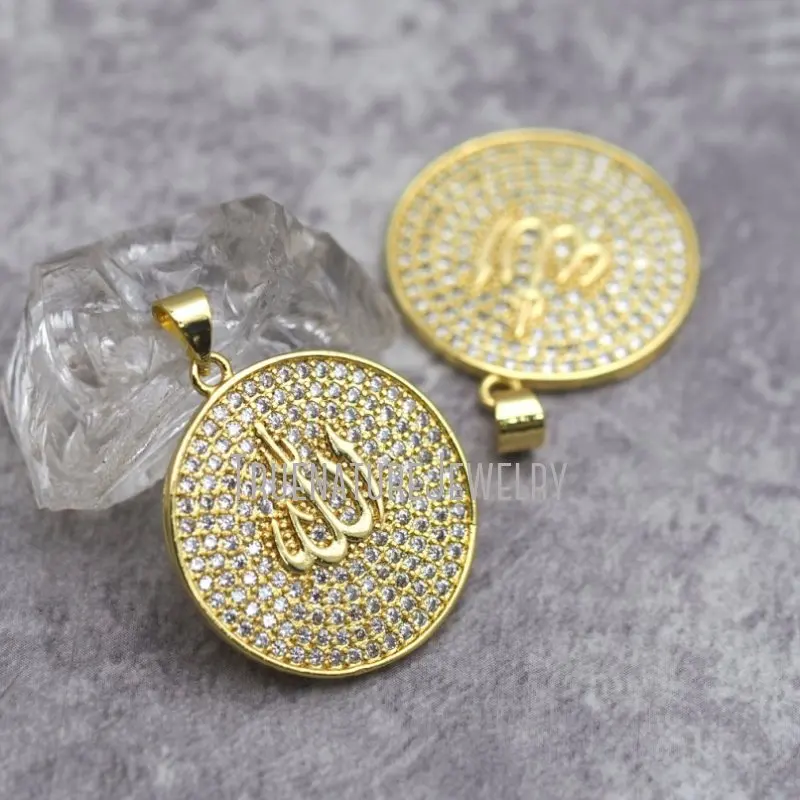 PM32674 Медные ювелирные изделия в форме монеты из прозрачного Кубического циркония с покрытием CZ Аллах Исламская Подвеска Позолоченная 24x31 мм