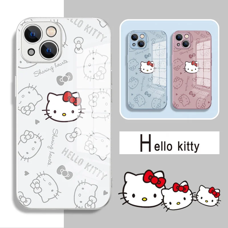 Sanrio Hello Kitty Чехол Из Закаленного Стекла Для iPhone 14 13 11 12 Pro Max XS XR X 78 Plus Милый Силиконовый Чехол Для Защиты Камеры В Подарок