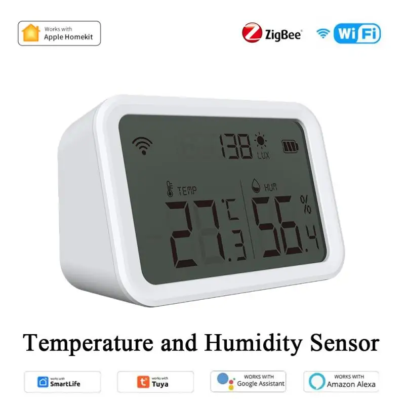 Tuya/ HomeKit Wi-Fi Zigbee, умный датчик температуры влажности и детектор освещенности класса Люкс, гигрометр для помещений, термометр с ЖК-экраном