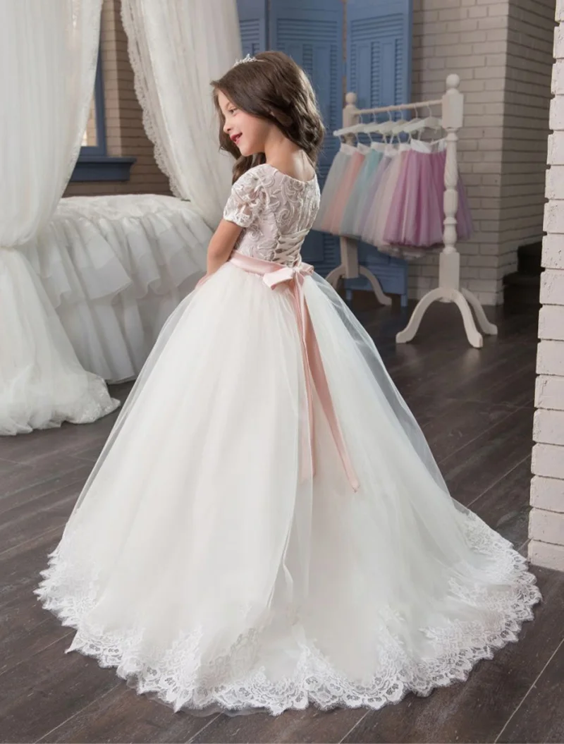 Белое трапециевидное платье в пол из тюля с коротким рукавом для девочек в цветочек, платье принцессы, платье для свадебной вечеринки, Детское платье для первого причастия