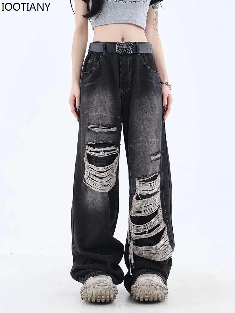 Винтажная корейская мода Y2k, уличная одежда, рваные брюки с высокой талией, Женские черные джинсы в готическом стиле, Повседневные джинсовые брюки Harajuku с широкими штанинами