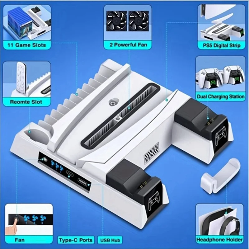 Для PS5 Подставка для охлаждающего вентилятора Охлаждающая база Зарядное устройство Вентилятор охлаждения С подставкой для наушников И адаптером переменного тока Изображение 2 