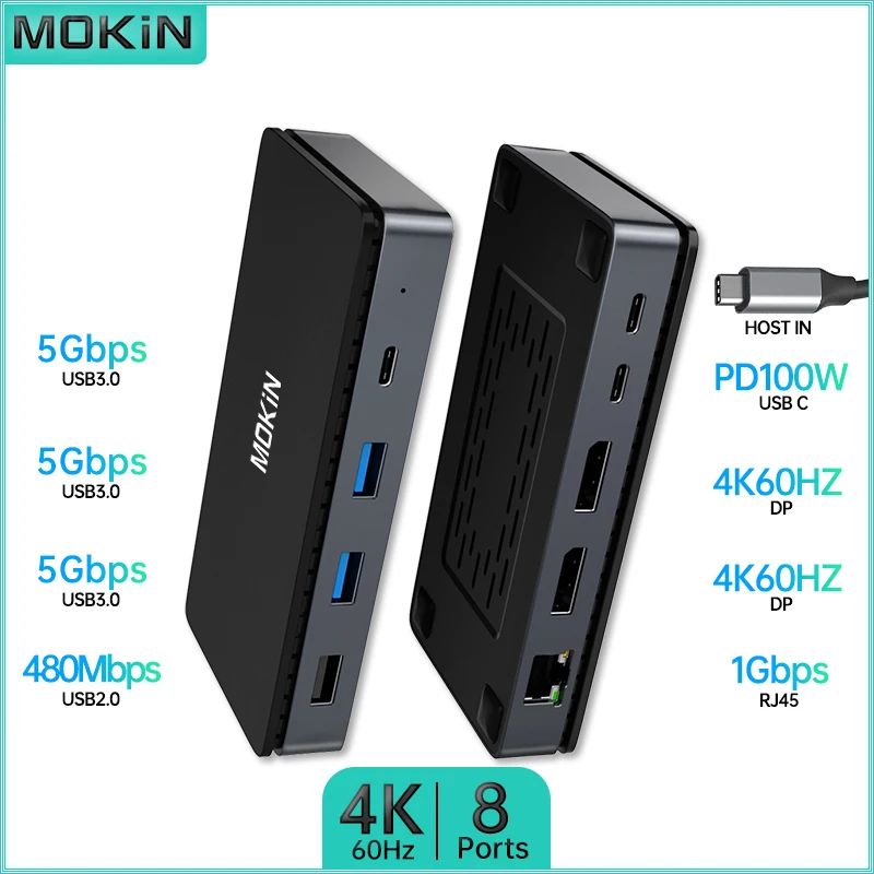 Док-станция MOKiN 8 в 1 для MacBook Air/Pro, iPad, ноутбука Thunderbolt - USB3.0, Type-C 3.0, DP 4K60Hz, PD 100 Вт, RJ45 1 Гбит/с