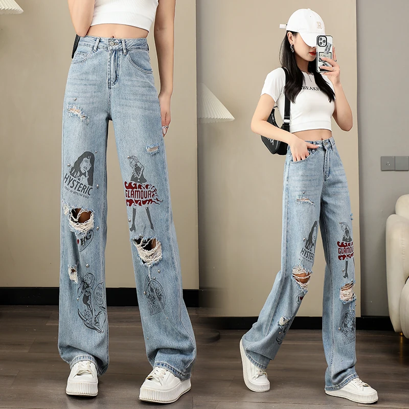 Женские джинсы с перфорацией и широкими штанинами в 2023 году, летние новые свободные джинсовые брюки с высокой талией и винтажной драпировкой с прямыми штанинами