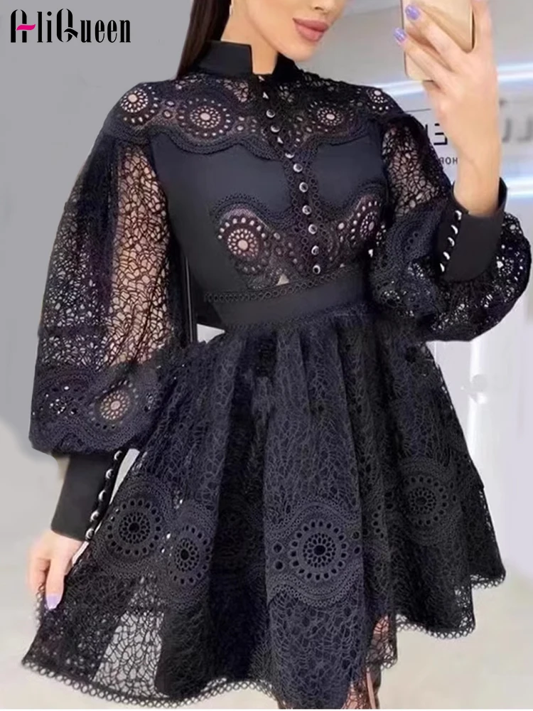 Женское винтажное кружевное платье с вышивкой на шее-стойке, Элегантное черное платье Миди с длинным рукавом-фонариком, вечерние платья Vestidos
