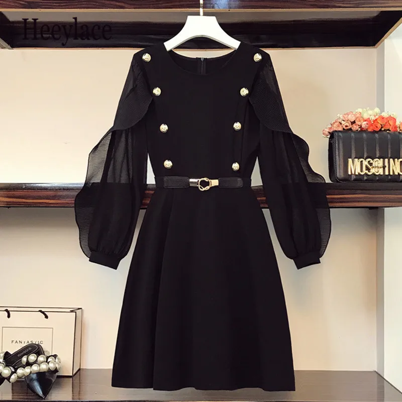 Женщины 2022 Осень Элегантное Черное платье из шифона с круглым вырезом и длинным рукавом Винтажные платья до колен Офисная женская одежда