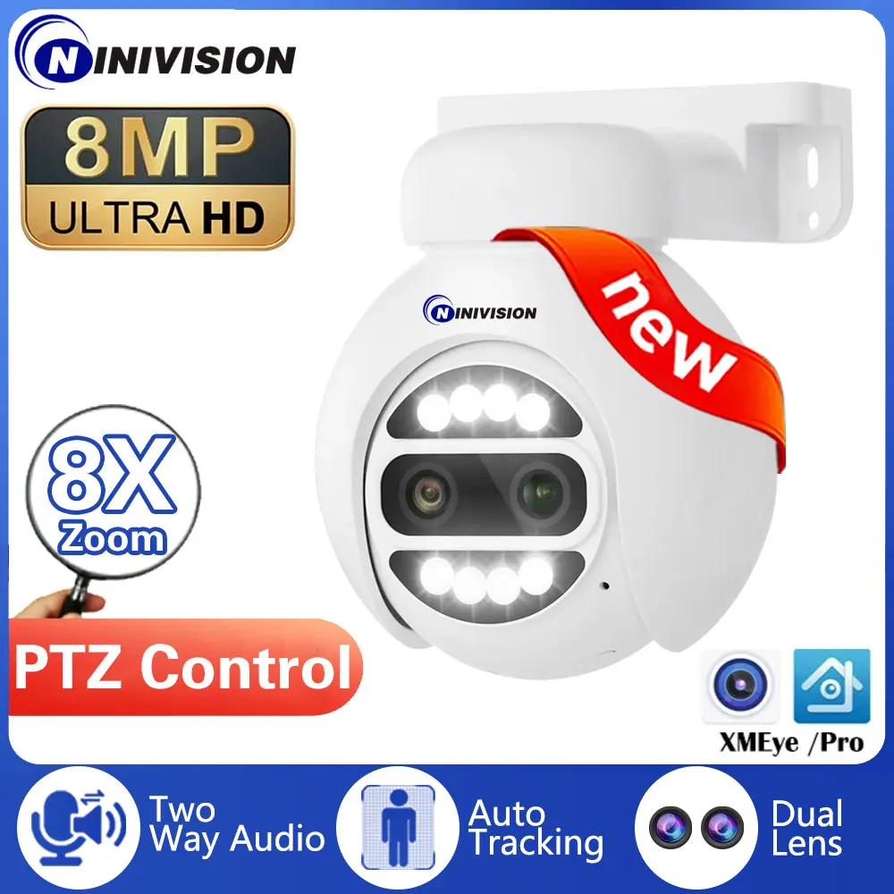 Камера POE с двойным объективом 4K 8MP 8-КРАТНЫЙ PTZ-Зум PTZ-Контроль Двухстороннего Аудио CCTV Камера видеонаблюдения XMEye Pro iCSee 4MPX2