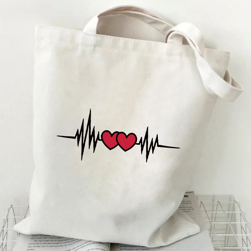 Модная женская сумка для покупок, сумки-тотализаторы с принтом Love heartbeat, многоразовые сумки для покупок, холщовые сумки, повседневные женские сумки через плечо