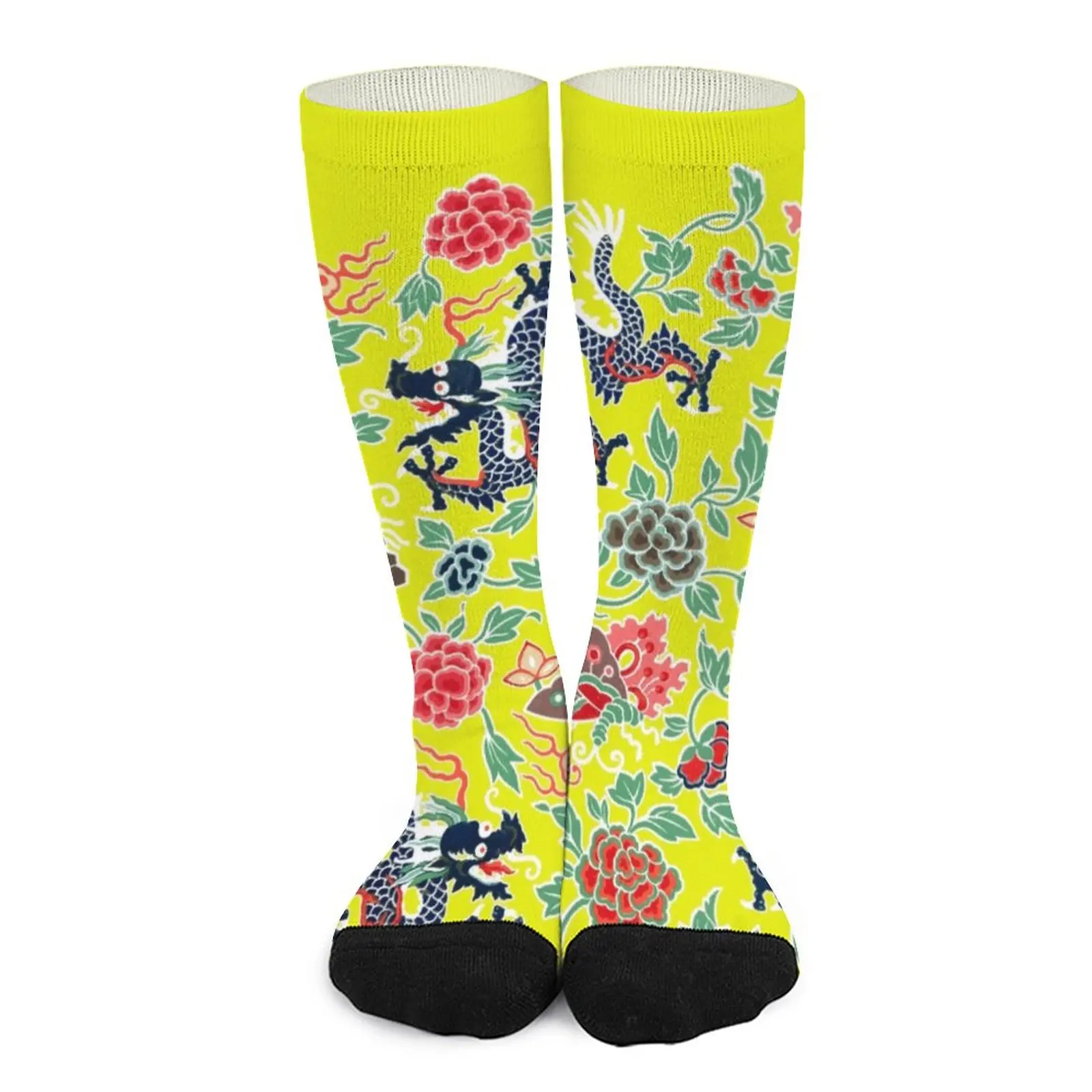 Носки с китайским драконом, Кавайные чулки с цветочным принтом, Унисекс, Альпинистские носки средней мягкости, Зимние дизайнерские носки против пота