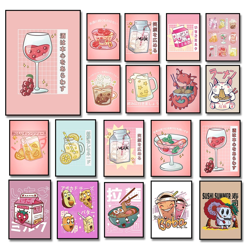 Плакат японской кухни Kawaii, Рамен, Молочный напиток, суши, картина на холсте, Настенная картина, Принт с волнами паров газированной воды, Декор ресторана