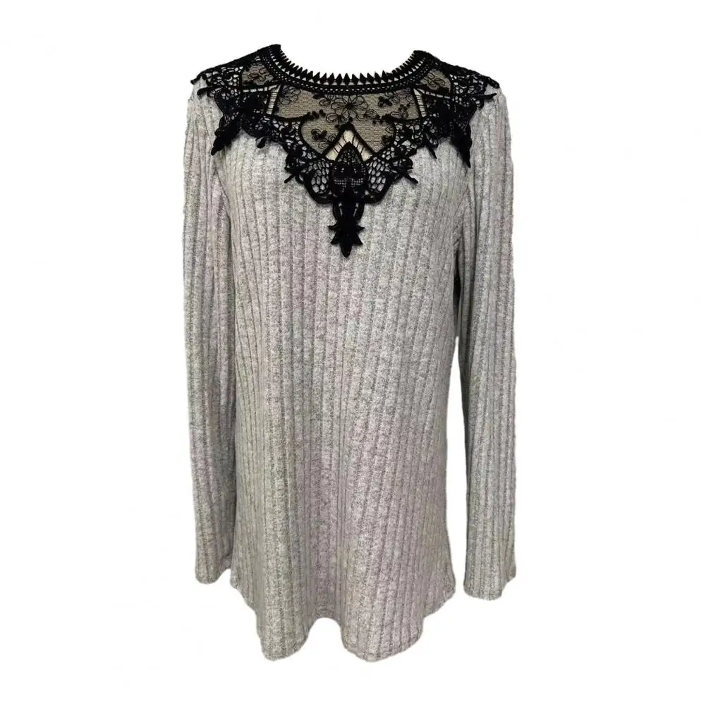 Повседневная футболка с круглым вырезом, стильная кружевная женская блузка-пуловер в стиле пэчворк на осень-весну, теплый топ с круглым вырезом и длинным рукавом.