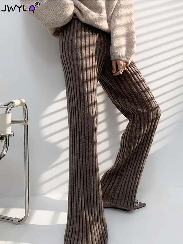 Повседневные Толстые Трикотажные женские брюки с эластичной высокой талией, Свободные женские Широкие брюки, Длинные брюки 2023, Осенне-зимние полосатые Панталоны