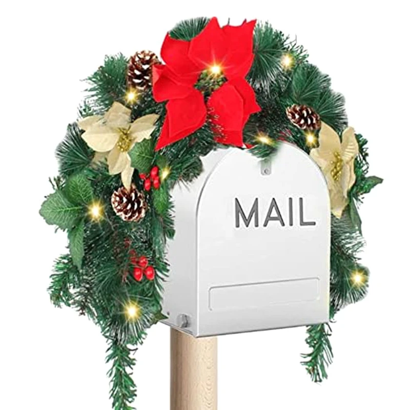 Рождественский почтовый ящик Почтовый ящик Рождественский Открытый Рождественский Декор почтового ящика с подсветкой Ягодно-красные цветы, гроздья сосновых шишек Изображение 0 