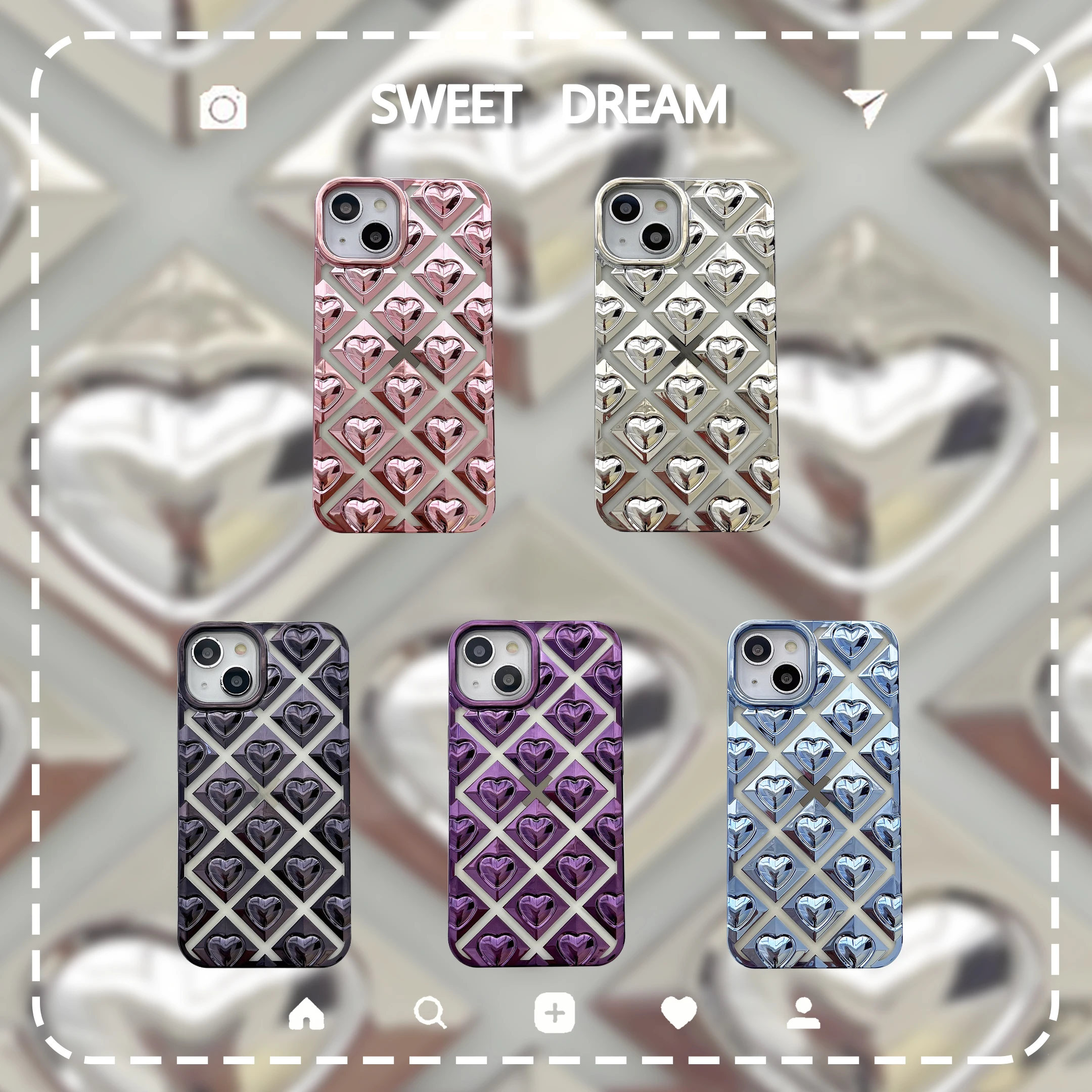 Роскошный 3D Гальванический Чехол Love Heart Case для iPhone 14 13 Pro Max 12 11 Pro Plus с Противоударным Мягким Силиконовым Отверстием Для Отвода Влаги
