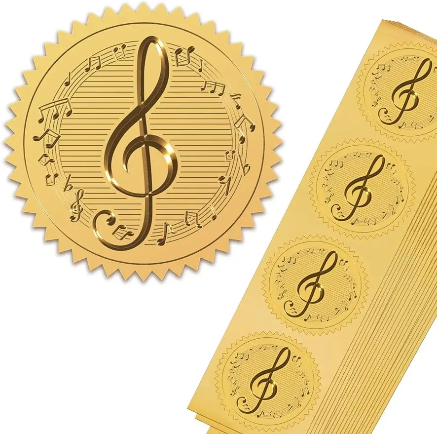 Сертификаты с золотой фольгой, музыкальные ноты, 50 мм Круглые самоклеящиеся наклейки с тиснением, 100 шт. для приглашений, сертификация, Выпускной