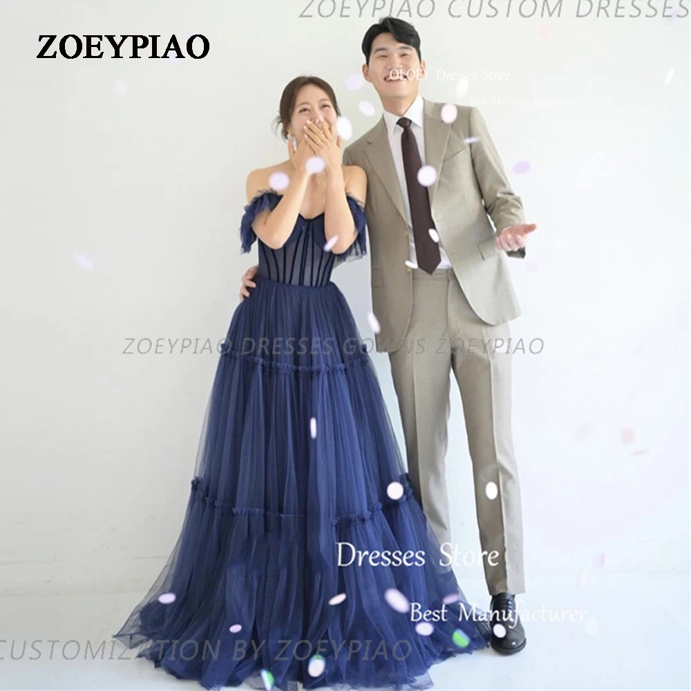 Темно-синий тюль, Длинные вечерние платья в Корейском стиле с открытыми плечами, Свадебная фотосессия, Корсетные платья для выпускного вечера, вечернее платье