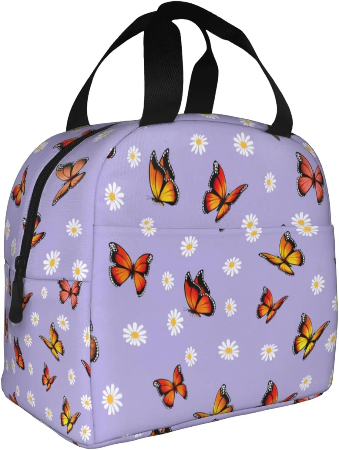 Фиолетовые сумки для ланча с бабочками и маргаритками, утепленные карманом, Многоразовые термосумки для ланча на работу, пикник, пляж